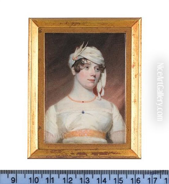 Lady Lacon, Wearing White Dress, Gold Waistband, Blue Pin At Her Corsage, Gold Necklace And White Turban - view 1