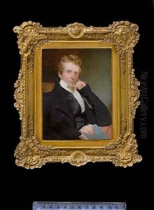 Thomas Greene Esq., Wearing Black Coat Over Striped Black Waistcoat And White Shirt With Tied Stock, His Left Hand Raised To His Face