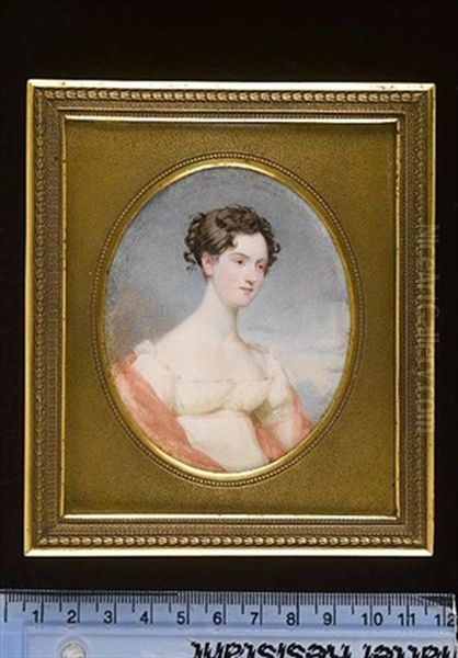 Miss Gordon Of Carroll Wearing Low-cut White Dress Trimmed With Lace And Pink Shawl, Her Dark Hair Upswept And Curled - view 1