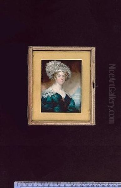 Miss Fanny Shepherd Wearing Green Dress With White Lace Collar And Gauze Fill-in, Gem Set Gold Cross At Her Corsage And White Silk, Gauze And Lace Hat - view 1