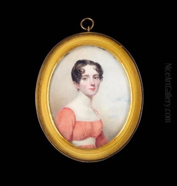 Portrait Of A Lady, Half-length, Her Short Brown Hair Curling Around Her Temples, Wearing A Coral Dress With A White Sash And White Lace Around The Neckline - view 1