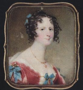 A Lady Wearing Dark Pink Dress With Blue Ribbon Bows And Jewels At Her Shoulders And Corsage, Pendant Necklace And Blue Ribbon In Her Hair