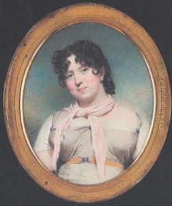 A Lady Wearing Pale Grey Dress With Blue Buttons, Gold-coloured Belt With Matching Blue Buckle, White Underdress, Pale Pink Scarf, Her Brown Hair Worn In Loose Curls by Andrew Robertson