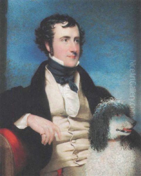 Portrait Of Captain Edward John Johnston Wearing Dark Green Coat With Black Collar, Pale Yellow Waistcoat, White Shirt And Blue Cravat, A Spaniel In The Foreground - view 1
