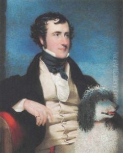 Portrait Of Captain Edward John Johnston Wearing Dark Green Coat With Black Collar, Pale Yellow Waistcoat, White Shirt And Blue Cravat, A Spaniel In The Foreground by Andrew Robertson