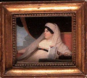 Portrait Of A Lady, Seated, Wearing A White Dress With Black Belt Set With Jewelled Clasp, Pearls At Her Neck