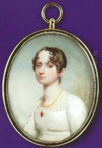 A Fine Portrait Of A Young Lady, Wearing White Dress, Gold Necklace And Red Brooch At Her Corsage by Andrew Robertson