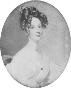 A Lady With Upswept Brown Curled Hair, Seated, In White Dress, A Gold Brooch At Her Corsage