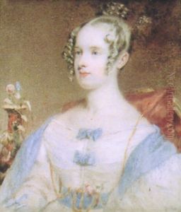 A Lady, Seated, Wearing White Dress With A Bluebow Decoration And Waistband, A Vase To Her Right by Andrew Robertson