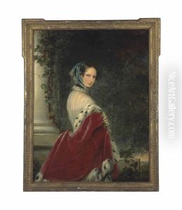 Portrait Of Empress Alexandra Feodorovna Of Russia, Nee Princess Charlotte Of Prussia, Three-quarter Length, In An Ermine-lined Red Mantle, In A Park Landscape