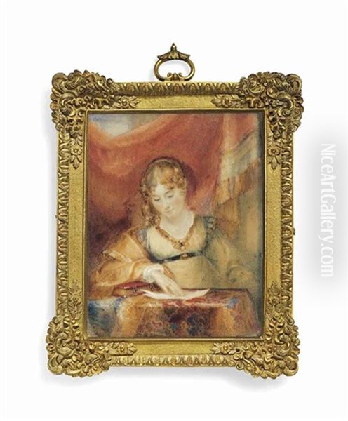 Lady Frederica Osborn, Nee Davers (d. 1870), Seated At A Table, Reading A Letter, Wearing A Pale Green Dress With Jewelled Neckline And Pearl Necklace - view 1