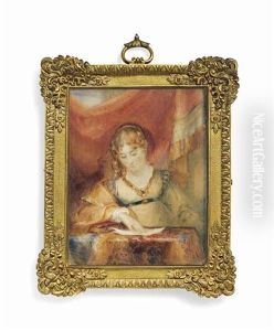 Lady Frederica Osborn, Nee Davers (d. 1870), Seated At A Table, Reading A Letter, Wearing A Pale Green Dress With Jewelled Neckline And Pearl Necklace by Christina Robertson