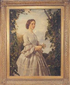 Portrait Of Mrs Laurence, Wearing A Grey Silk Dress And Holding A Rose, Within An Extensive Landscape by John Ewart Robertson