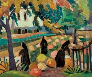 Mother House - Nuns Of The Congregation And Pumpkins (also Known As In The Garden Of The Mother House - St. Luke Street) by Sarah Margaret A. Robertson