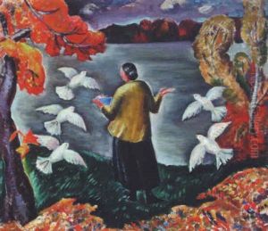 Woman With Doves In A Canadian Landscape by Sarah Margaret A. Robertson