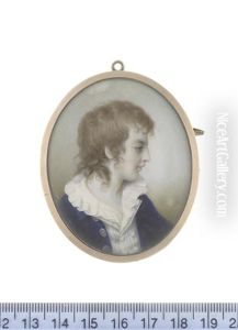 A Boy, Profile To The Right, Wearing Blue Jacket, Striped Waistcoat And White Chemise With Frilled Collar, His Light Brown Hair Curling Behind His Neck by Walter Robertson