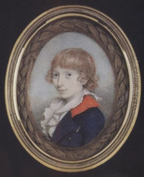 John Chester As A Boy, Wearing Blue Skeleton Suit With Red Collar, White Shirt With Wide, Frilled Collar, His Auburn Hair Worn Loose - view 1