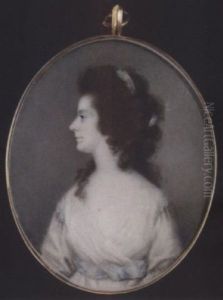 A Lady, Her Head Turned In Profile To The Left, Wearing White Dress With Pale Blue Waistband, Ribbons At Her Shoulders And In Her Hair