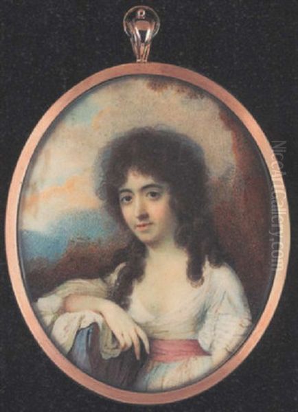 Lady Pastard Wearing Decollete White Dress With Dusty-pink Waistband, Her Long Curling Hair Falling Over Her Shoulders, Her Right Arm Resting On A Tree Stump Covered With A Shawl - view 1