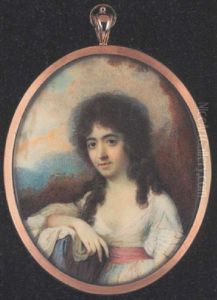 Lady Pastard Wearing Decollete White Dress With Dusty-pink Waistband, Her Long Curling Hair Falling Over Her Shoulders, Her Right Arm Resting On A Tree Stump Covered With A Shawl