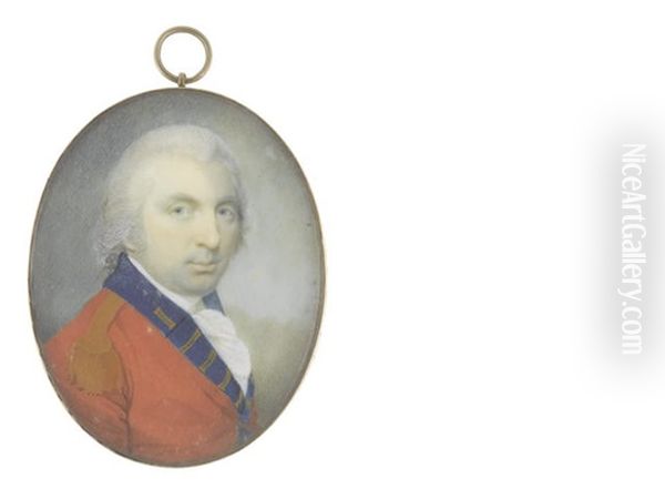 An Officer Of A Royal Regiment Of Infantry, Wearing Scarlet Coat With Blue Facings And Collar, Gold Epaulette, White Frilled Chemise And Stock, His Hair Powdered - view 1