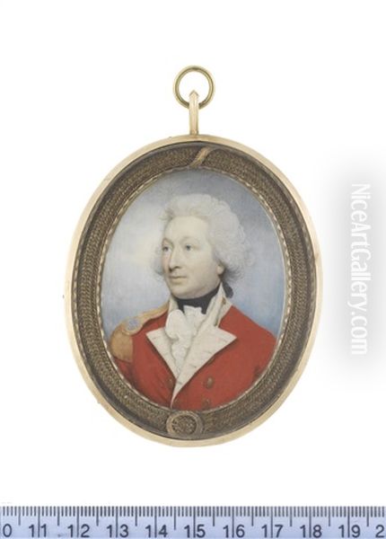 An Infantry Officer, Wearing Scarlet Coat With White Facings And Gold Epaulette, White Frilled Chemise And Black Stock, His Hair Powdered And Tied With A Black Ribbon Bow - view 1
