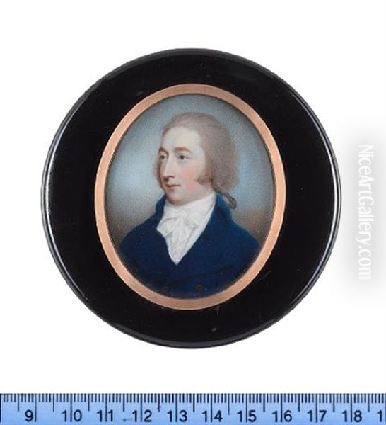 A Gentleman, Wearing Blue Coat, White Waistcoat, Frilled Chemise, Stock And Cravat, His Powdered Hair Tied With A Thin Black Ribbon Bow - view 1