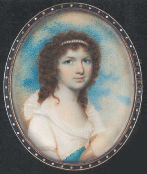 A Lady Wearing White Dress With Frilled Collar, Pearl Armbands And Decoration On Her Bodice And Pearl Band In Her Curled Dark Auburn Hair - view 1