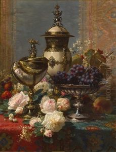 A Still Life With Roses, Grapes, And A Silver Inlaid Nautilus Shell by Jean-Baptiste Robie