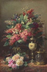 A Still Life Of Chestnut Flowers, Wallflowers, Roses And Pansies With A Tankard And A Silver Gilt Ostrich Egg Cup