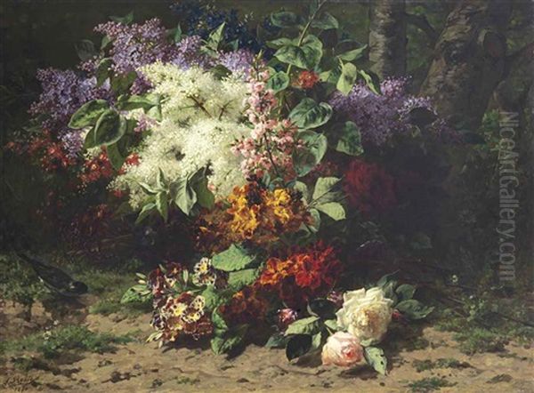 A Still Life Of Roses, Lilacs, Pansies, Primroses, Cherry Blossoms And A Bird In A Landscape - view 1