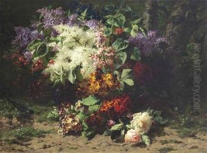 A Still Life Of Roses, Lilacs, Pansies, Primroses, Cherry Blossoms And A Bird In A Landscape