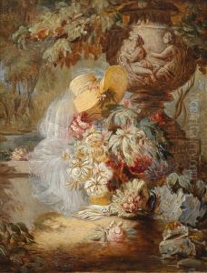 Stillleben Mit Sommerhut, Handschuhen Und Blumen Vor Steinvase by Jean-Baptiste Robie