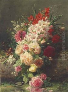 A Still Life With Roses, Gladioli And Other Flowers On A Ledge With A Bird By A Stream by Jean-Baptiste Robie