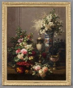 Floral Still Life With Imari Vase, Ostrich Egg Cup, Nautilus Cup And Strawberries