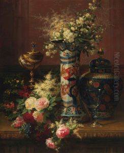 Roses, Peonies And Forget-me-nots In A Japanese Vase Roses, Peonies And Forget-me-nots In A Japanese Vase