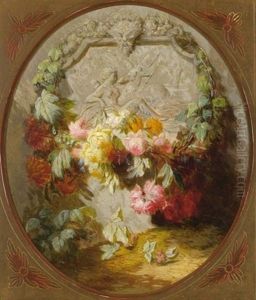 A Flower Still Life In Front Of A Marble Relief Depicting Diana As The Godess Of The Hunt by Jean-Baptiste Robie
