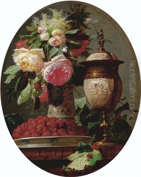 Still Life Of Flowers With Raspberries And An Urn On A Table - view 1