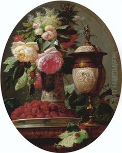 Still Life Of Flowers With Raspberries And An Urn On A Table