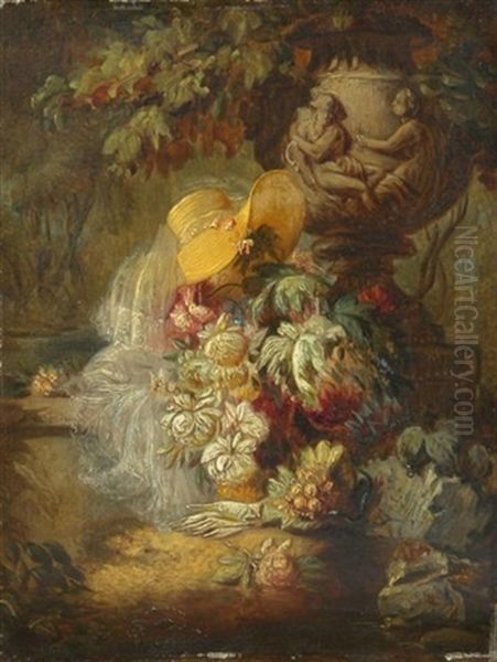 Variastilleben. Ein Sommerhut Mit Schleier, Handschuhe Sowie Blumen Drappiert Vor Einer Skulptierten Vase In Parklandschaft - view 1