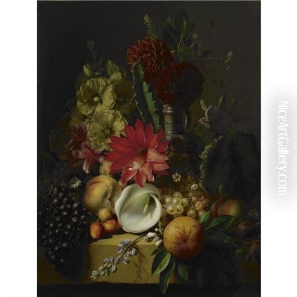 Flowers And Fruit On A Ledge - view 1