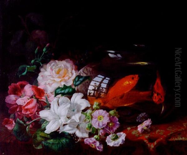 Still Life Of A Bowl Of Goldfish, Pelargoniums, Roses, Amaryllis And Other Flowers - view 1