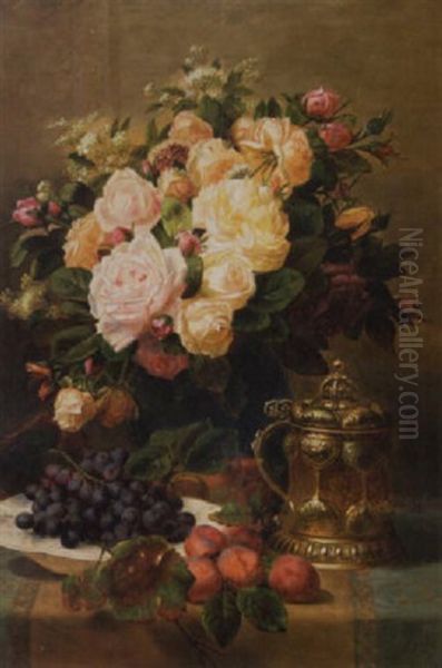 A Still Life With Grapes And Roses In A Vase - view 1