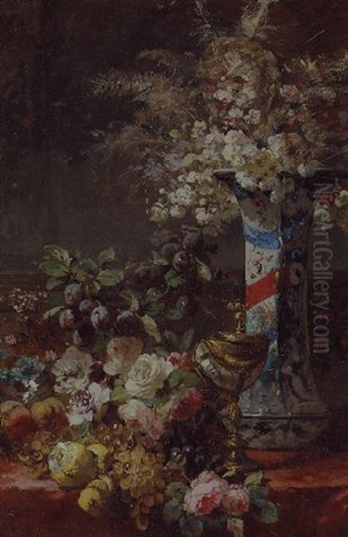 Flowers In A Vase On A Table With Fruit And A Nautilus Cup - view 1
