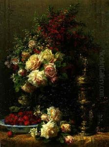 Roses And Other Flowers, A Bowl Of Strawberries, A Tankard And An Urn On A Draped Table