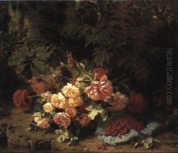 Flowers And Raspberries On A Mossy Bank - view 1