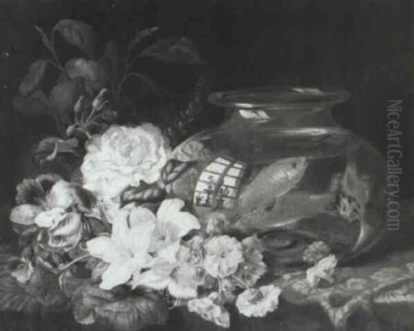 Still Life With Goldfish And Flowers On Draped Table - view 1