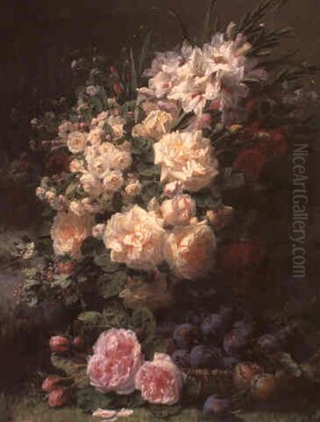 Roses And Other Flowers With A Basket Of Plums - view 1
