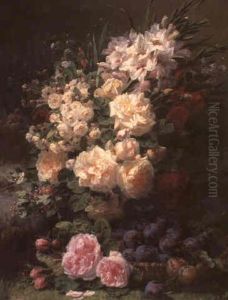 Roses And Other Flowers With A Basket Of Plums