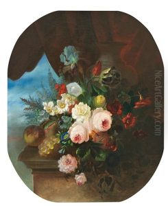Feines Biedermeier-stilleben Mit Rosen, Tulpen, Narzissen, Kirschen, Trauben Und Pfirsich, Malerisch Vor Saule Arrangiert